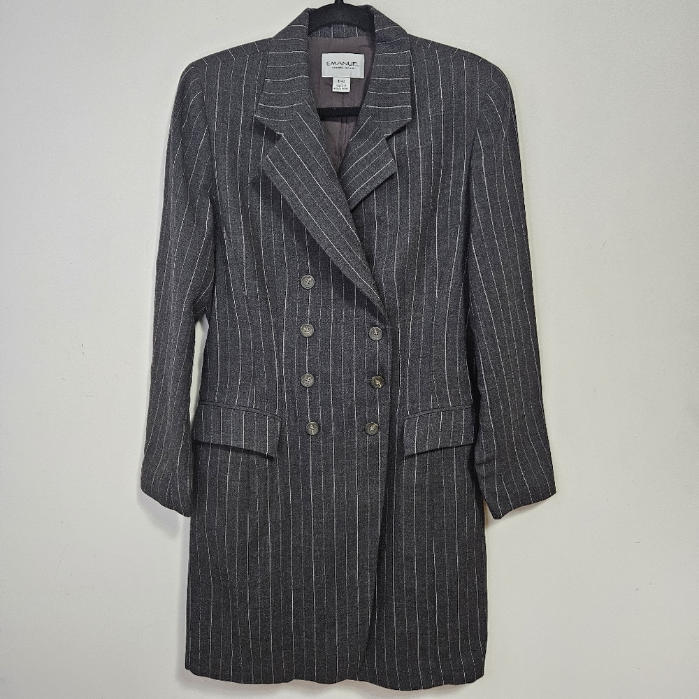 VTG Emanuel Ungaro Tailored Wool Double Breasted Blazer Dress 8 Grey Pinstripe